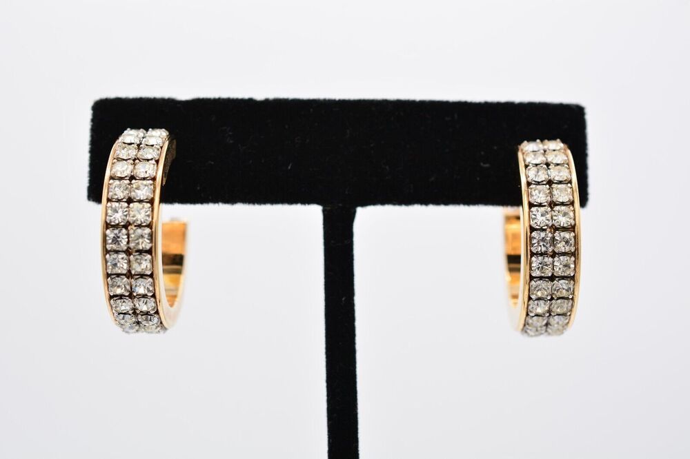 Vintage Crystal Hoop Earrings Prong Rhinestone Gold Tone Chunky Heavy 80s BinAA